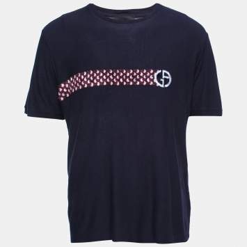 Pre Owned Giorgio Armani Navy Blue Flocked Logo Detail Knit T-Shirt 3XL