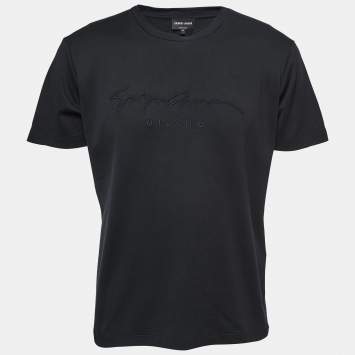 مملوكة مسبقًا Giorgio Armani Black Cotton Signature Embroidered Crew Neck T Shirt S