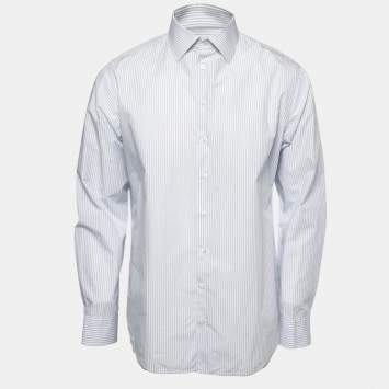 Pre Owned Giorgio Armani Blue Striped Cotton Button Front Shirt L