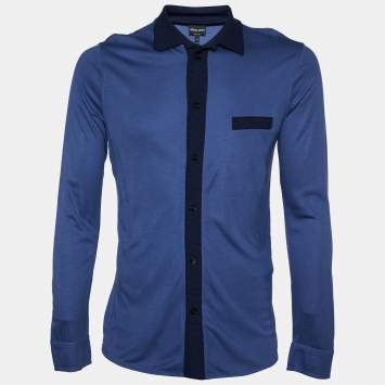 Pre Owned Giorgio Armani Blue Cotton Jersey Full Sleeve Polo T-shirt M