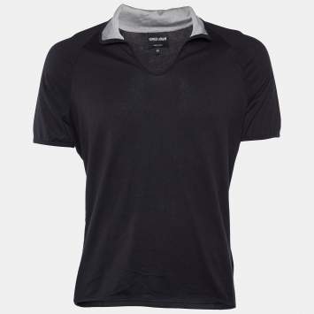 Pre Owned Giorgio Armani Black Cotton Knit Contrast Collar Detail T-Shirt M