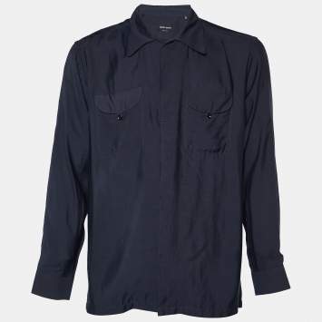 Pre Owned Giorgio Armani Navy Blue Lyocell & Silk Button Front Shirt L