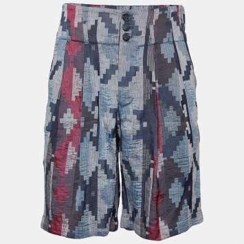 Pre Owned Giorgio Armani Blue Geometric Pattern Linen Blend Shorts L