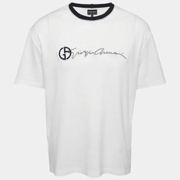 Pre Owned Giorgio Armani White Cotton Signature Logo Embroidered T-Shirt 3XL