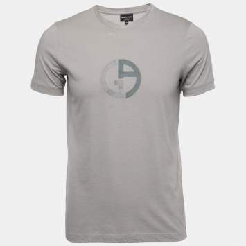 Pre Owned Giorgio Armani Grey Cotton Knit Logo Embroidered T-Shirt M