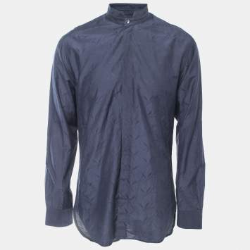 Pre Owned Giorgio Armani Navy Blue Patterned Cotton Blend Button Front Full Sleeve Shirt XL