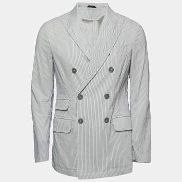 Pre Owned Giorgio Armani White Striped Cotton Blend Double Breasted Blazer M