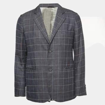 Pre Owned Giorgio Armani Blue checkered Wool Blend Single Breasted Blazer XL