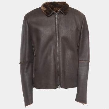 Pre Owned Giorgio Armani Brown Leather and Fur Zipper Jacket XXL