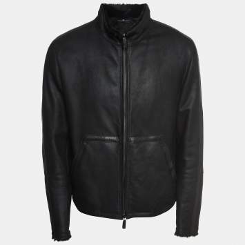 Pre Owned Giorgio Armani Black Leather and Fur Zipper Jacket XL