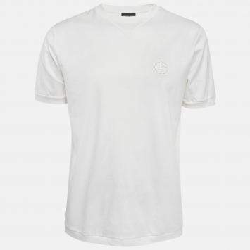 Pre Owned Giorgio Armani White Logo Embroidered Jersey T-Shirt M