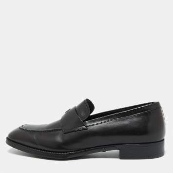 Pre Owned Giorgio Armani Black Leather Logo Slip On Loafers Size 38