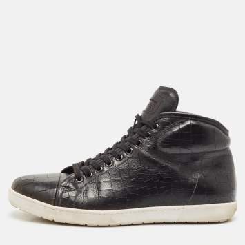 Pre Owned Giorgio Armani Black Croc Embossed Leather Lace Up Sneakers Size 43