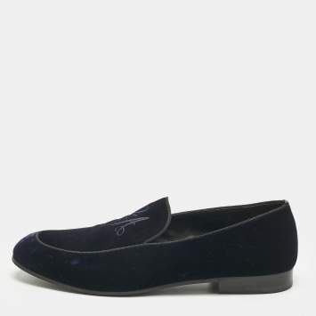 Pre Owned Giorgio Armani Navy Blue Velvet Embroidered Logo Slip On Loafers Size 43      