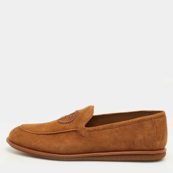 مملوكة مسبقًا Giorgio Armani Embroidered Logo Size 41 Brown Suede Slip On Loafers