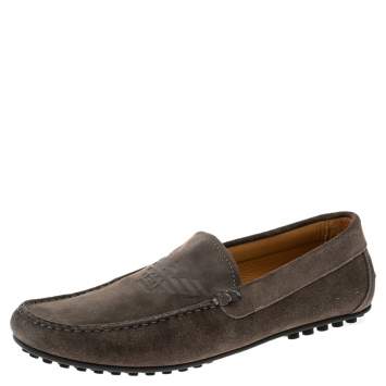 Pre Owned Emporio Armani Grey Suede Logo Embossed Slip On Loafers Size 43