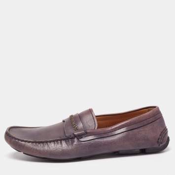 Pre Owned Giorgio Armani Blue Indigo Leather Logo Slip On Loafers Size 40.5