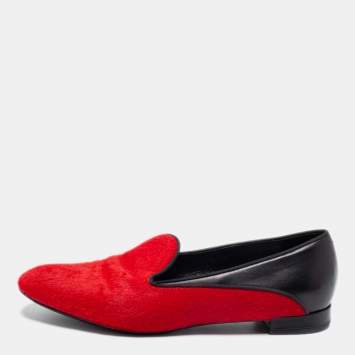 Pre Owned Giorgio Armani Red/Black Pony Hair and Leather Loafer Size 38