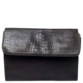 Pre Owned Giorgio Armani Dark Green Crocodile Embossed Leather Fold Over Document Case