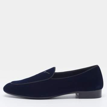 Pre Owned Giuseppe Zanotti Smoking Slippers Size 43 Navy Blue Velvet Penny Loafers