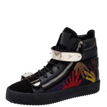Pre Owned Giuseppe Zanotti Black Suede And Leather Coby Crystal Embellished High Top Sneakers Size 40