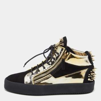 Pre Owned Giuseppe Zanotti Black/Gold Suede and Leather Studded Jimbo Mid Top Sneakers Size 40