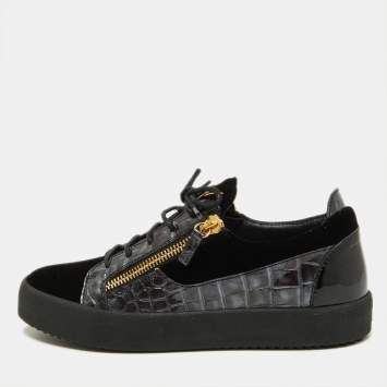 Pre Owned Giuseppe Zanotti Black Croc Embossed and Velvet Frankie Sneakers Size 43