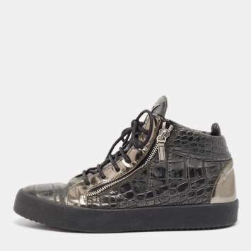 Pre Owned Giuseppe Zanotti Metallic Croc Embossed Leather High Top Sneakers Size 45
