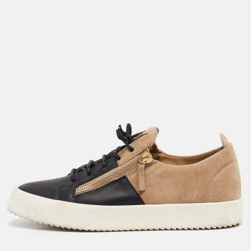 Pre Owned Giuseppe Zanotti Beige/Black Leather and Suede Frankie Lace Up Sneakers Size 44
