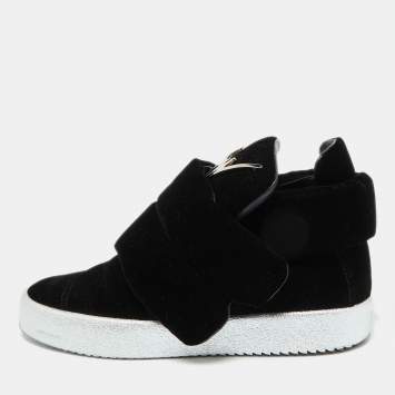 Pre Owned Giuseppe Zanotti Black Velvet Double Velcro Strap High Top Sneakers Size 43