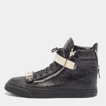 Pre Owned Giuseppe Zanotti Black Croc Embossed Leather Coby High Top Sneakers Size 43.5