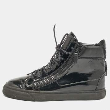 Pre Owned Giuseppe Zanotti Black Leather and Patent Leather London High Top Sneakers Size 43