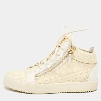 Pre Owned Giuseppe Zanotti Cream Croc Embossed Leather London High Top Sneakers Size 42