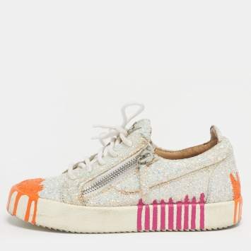 Pre Owned Giuseppe Zanotti Silver/Orange Glitter Crystal Embellished Gail Slip On Sneakers Size 37