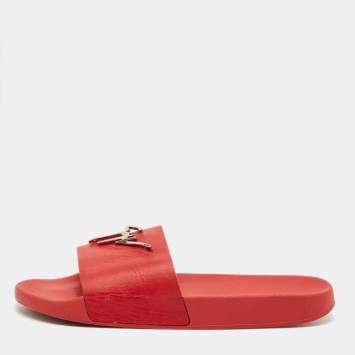 مملوكة مسبقًا Giuseppe Zanotti Red Leather Logo Slide Sandals Size 43