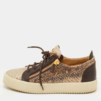 Pre Owned Giuseppe Zanotti Frankie Size 41 Brown Snake Embossed Leather Low Top Sneakers