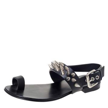 Pre Owned Giuseppe Zanotti Black Leather Zak Spike Flat Sandals Size 40