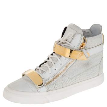 Pre Owned Giuseppe Zanotti White Croc Embossed Leather Coby High Top Sneakers Size 44.5