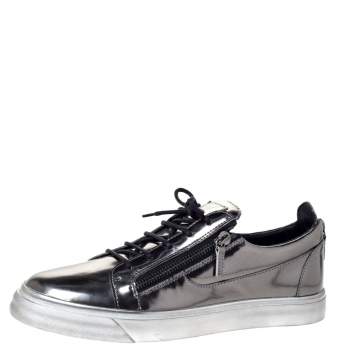 Pre Owned Giuseppe Zanotti Metallic Gunmetal Leather May London Double Chain Low Top Sneakers Size 46