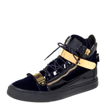 Pre Owned Giuseppe Zanotti Navy Blue Velvet and Black Leather Coby High Top Sneakers Size 45
