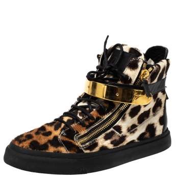 Pre Owned Giuseppe Zanotti Brown/Black Leopard Print Calf hair Lace Up High Top Sneakers Size 44