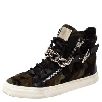 Pre Owned Giuseppe Zanotti Multicolor Camouflage Calf Hair Chain Embellished London High Top Sneakers Size 44.5