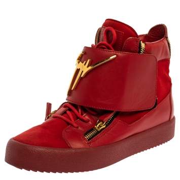 Pre Owned Giuseppe Zanotti Red Suede And Leather Double Zip High Top Sneakers Size 42