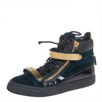 Pre Owned Giuseppe Zanotti Dark Green/Gold Velvet And Leather Double Bar High Top Sneakers Size 40
