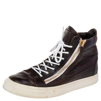 Pre Owned Giuseppe Zanotti Brown Leather Double Zipper High Top Sneakers Size 43.5