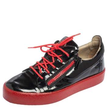 Pre Owned Giuseppe Zanotti Black/Red Patent Leather Frankie Low Top Sneakers Size 42