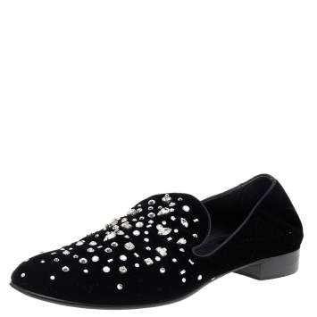 Pre Owned Giuseppe Zanotti Black Velvet Crystal Embellished Smoking Slippers Size 46