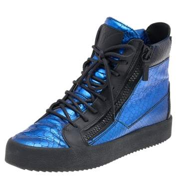 Pre Owned Giuseppe Zanotti Metallic Blue Python Embossed Leather Double Zip High Top Sneakers Size 43