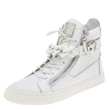 Pre Owned Giuseppe Zanotti White Leather Chain Detail High Top Sneakers Size 43