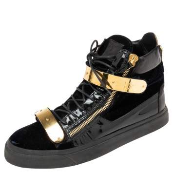 Pre Owned Giuseppe Zanotti  Navy Blue/Black Velvet And Patent Leather Coby High Top Sneakers Size 44
